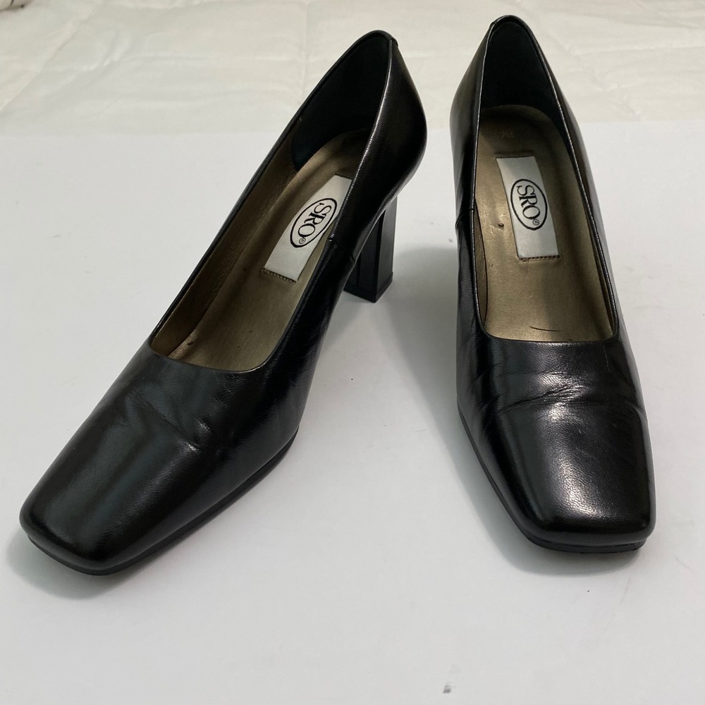 SRO Block Heel Pumps Womens 7 Black 90s Vintage Square Toe Corporate Shoes - Picture 6 of 7